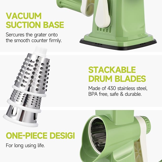 Rotary Cheese Grater Hand Crank Transparent - Shredder Slicer Grinder 3 Stainless Steel Blades, Stable Suction, Labor-Saving Handle, Safe Kitchen Tool for Cheese, Vegetable, Nuts, Chocolate