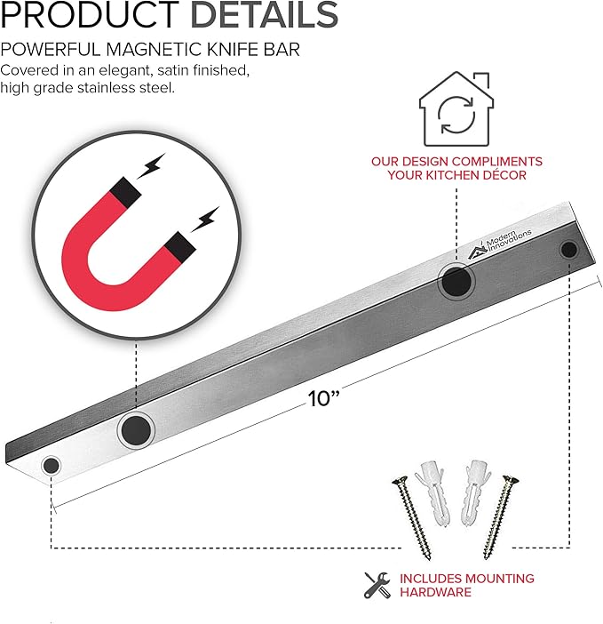 Modern Innovations 10 Inch Stainless Steel Magnetic Knife Bar with Multipurpose Use as Knife Holder, Knife Rack, Knife Strip, Kitchen Utensil Holder, Tool Holder, Art Supply Organizer, Home Organizer