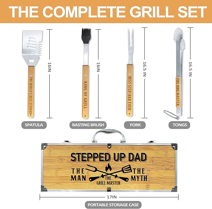 Step Dad Gifts from Daughter Fathers DatHeavy Duty Wooden BBQ Grilling Accessories Kit for Backyard, Thick Stainless Steel Grill Utensils with Non-Slip Handle Tools in Portable Bag Birthday