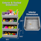Plastic Containers for Organizing and Storage Bins for Closet, Kitchen, Office, Garage or Pantry Organization, Stackable Bins, Extra Large (14.8" x 16.5" x 7"), 4-Pack, Grey