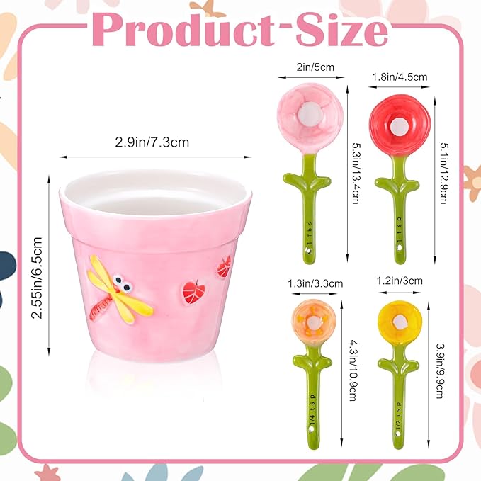 Flower Measuring Spoons Set in Pot - Ceramic Baking Measuring Spoons with Holder for Dry & Wet Ingredients - Cute Flower Figurine - 1 Tbsp, 1 Tsp, 1/2 Tsp, 1/4 Tsp - Unique Gift, Dishwasher Safe(Pink）