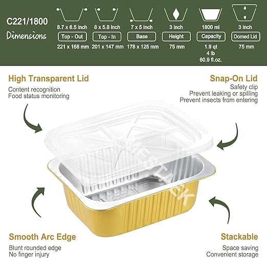8" x 6" Heavy-Duty Aluminum Foil Pans with Snap-On Lids, 61oz, 5 Pack – Extra-Thick Disposable Foil Containers for Oven, Baking, Freezer & Food Storage