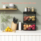 Goozii Black Kitchen Wall Hanging Storage Basket Set of 2, Rustic Stackable Kitchen Counter Fruit Organizer, Wire Baskets Container for Veggie, Garlic, Produce, Onion and Potato (Black Shelf)