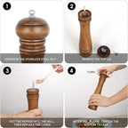 1Pack Wood Pepper Grinder, XWXO 10 Inch Salt Mill Pepper Shaker, Pepper Mill with Adjustable Ceramic Rotor - Oak Wood Pepper Grinder for Your Kitchen