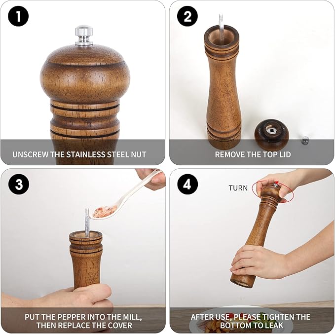 1Pack Wood Pepper Grinder, XWXO 10 Inch Salt Mill Pepper Shaker, Pepper Mill with Adjustable Ceramic Rotor - Oak Wood Pepper Grinder for Your Kitchen