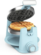 Martha Stewart Rotating Waffle Maker, 180° Flip Iron with PFAS-Free Nonstick Plates, Adjustable Timer, Ready Light, Drip Tray, Space Saving, Classic Round 7”, Easy to Clean, Stainless Steel, Sky Blue