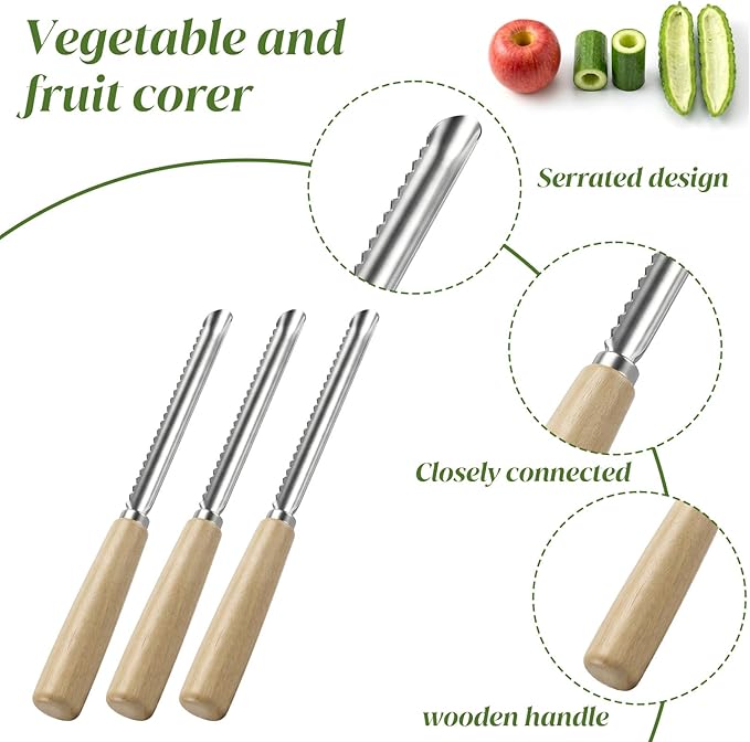 3 Pack Zucchini Vegetable Corer Tool 10" Stainless Steel Rust Resistant Fruit & Veggie Corers Stem Remover Kitchen Gadgets Coring Tool with Wood Handle for Apples, Eggplant, Hollow out for Stuffing