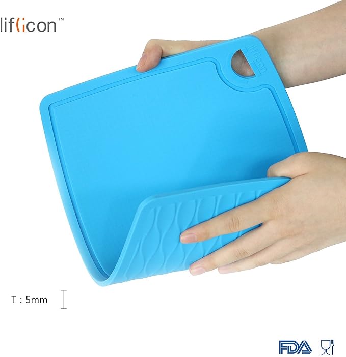 Liflicon Thick Silicone Cutting Boards for Kitchen Silicone Chopping Boards/Mats Set of 2 Extra Large14.6''x10.43'', Mini 9.1”x7.1” Non-slip Deep Drip Juice Groove, Dishwasher Safe-Blue