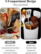 LoeJan 7.5" Utensil Holder, 3 Compartment Ceramic Kitchen Utensil Holder with Cork Bottom, Large Utensil Crock for Countertop, Cooking Tool Organizer Set for Kitchen Counter(White,Vertical Stripe)