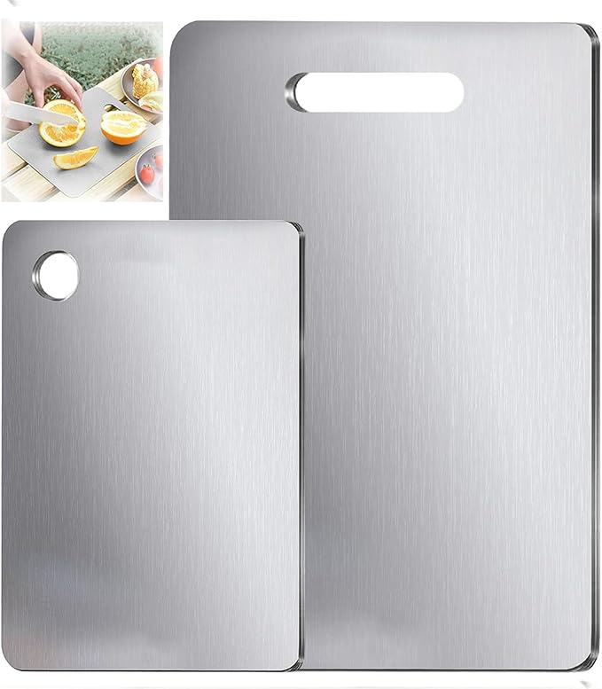 100% Pure Titanium Cutting Board Set of 2, Food-Grade Titanium Cutting Boards for Kitchen Dishwasher Safe, Double-Sided Metal Charcuterie Chopping Board Mat for Meat, Cheese & Fruit (L+XL)