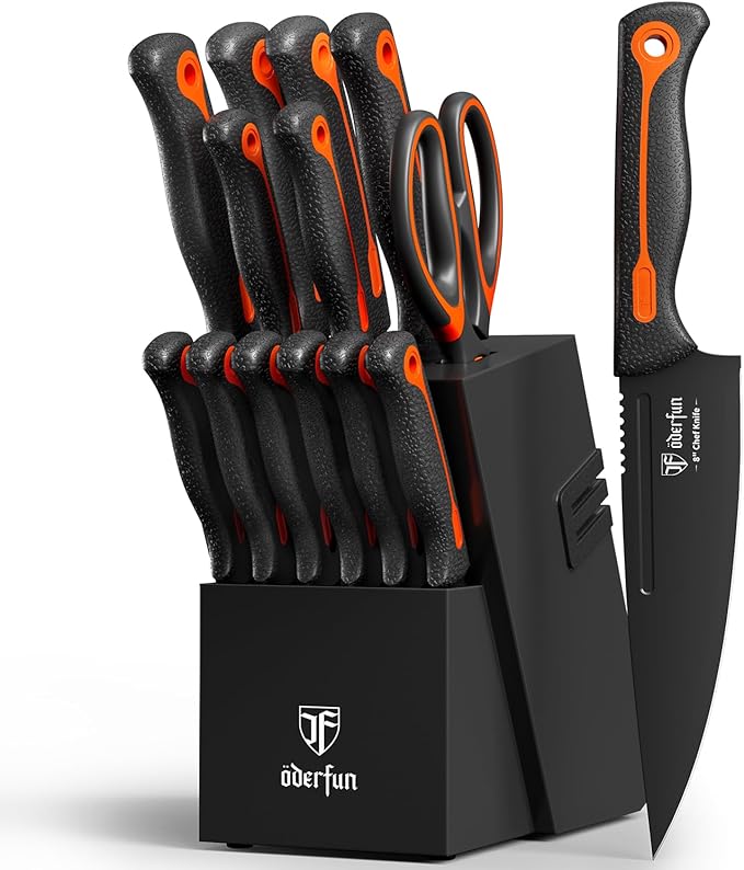 Knife Block Set -15 PCS Dishwasher Safe Kitchen Knife Set, High Carbon Stainless Steel, Razor-Sharp knives set with sharpener, Non-Slip Handles, Elegant Box for Her Him Women Men, Black,