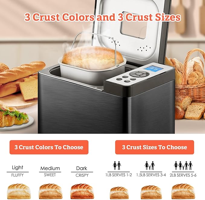 KBS 19-in-1 Programmable Bread Maker,2LB Large Bread Machine Stainless Steel with Sourdough,Gluten-Free,Nonstick Ceramic Pan,650W Bread Maker Machine with 15H Timer&1H Keep Warm,3 Crust Colors,Recipes