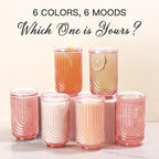 JOVGANK Pink Vintage Glassware Set of 6-17Oz Pink Water Drinking Glass, Art Deco Ripple Highball Glass, Whiskey Cocktail Glasses, for Bar Ice Coffee Juice, Housewarming Gifts and Mother's Day Gift