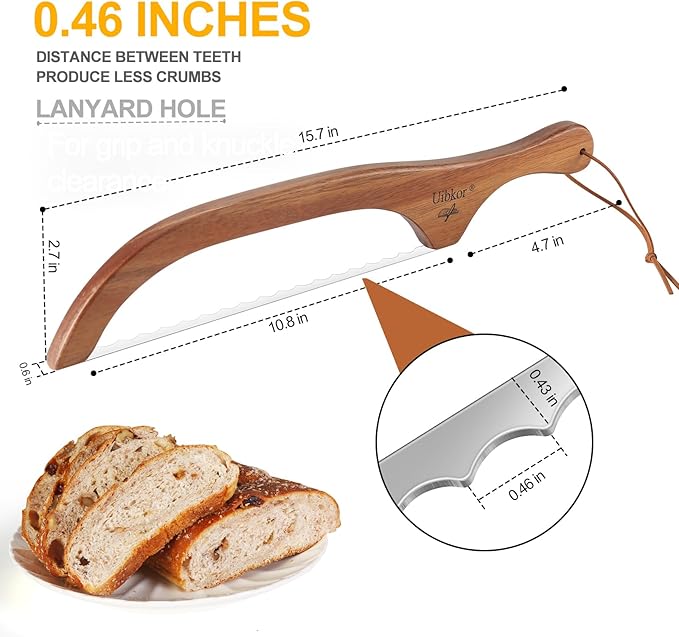 Wooden Bread Bow Knife, 16" Serrated Sourdough Cutter, Premium Stainless Steel Serrated Saw Bread Cutter, Bread Slicer, Bagel Slicer Knife for Homemade Bread, Bagels, Baguettes, Rustic Loaves