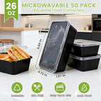 50-Pack Meal Prep Containers, 26 OZ Microwavable Reusable Food Containers with Lids for Food Prepping, Disposable Lunch Boxes, Plastic Food Boxes- Stackable, Freezer Dishwasher Healthy