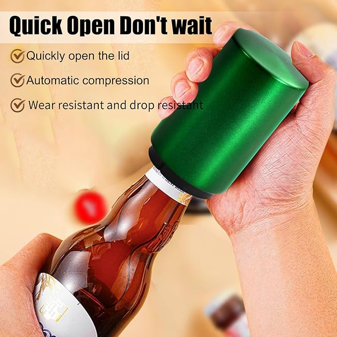 Automatic Beer Bottle Opener with Magnetic Cap, Stainless Steel One-Handed Lid Opening Spring Loaded Push&Pop Bottle Opener for Home Bars Picnic Camping Hiking（2PCS）