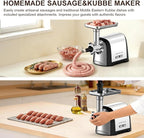 Electric Meat Grinder, 2600W Max 3-IN-1 Heavy Duty Sausage Stuffer with Sausage tube & Kubbe Kit, 3 Grinding Plates 2 Blades for Home Kitchen & Small Commercial Use, Stainless Steel