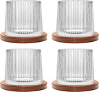 Rotatable Old Fashioned Glass, 275ml/10oz Crystal Whiskey Glass Set of 4, Wood Coaster, Thickening, Used as Rum Glass, Cocktail Cup, Coffee Cup, Milk Cup to Relax and Reduce Stress, Christmas gifts