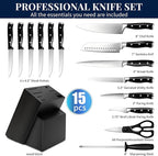 Knife Set, 15 Piece Premium Kitchen Knife Block Set, Razor-Sharp, High Carbon Stainless Steel Chef Knife, Ergonomic Forged Triple Rivet Handle, Black Sharp Knife Set for Kitchen, Dishwasher Safe
