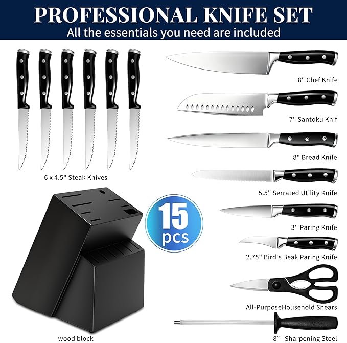 Knife Set, 15 Piece Premium Kitchen Knife Block Set, Razor-Sharp, High Carbon Stainless Steel Chef Knife, Ergonomic Forged Triple Rivet Handle, Black Sharp Knife Set for Kitchen, Dishwasher Safe