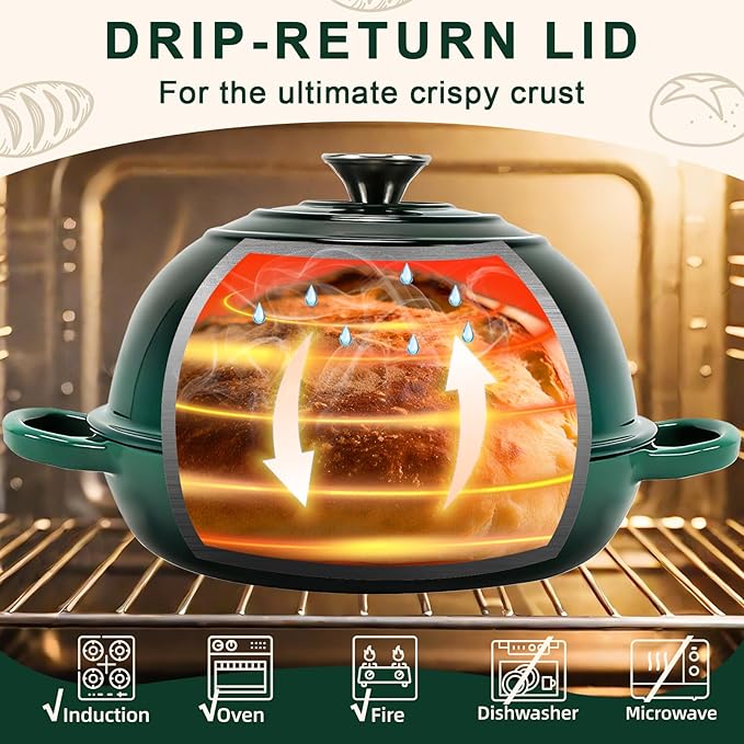 AHJ 6QT Dutch Oven For Bread Baking, Enameled Cast Iron Dutch Oven Pot with Lid, Multi-Functional Bread pan, Sourdough Baking Supplies with Proofing Basket, Cast Iron Bread Oven, Silicone Sling & Gloves.