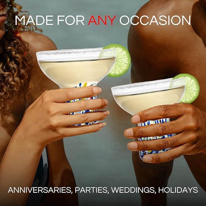 Large Stemless Margarita Glasses – Set of 2-14oz Luxury Hand Blown Confetti Margaritas, Martini, Cocktails, Water, Wine, Dessert & Champagne Glasses Cinco de Mayo, Hand Blown - Mexican Confetti Glass