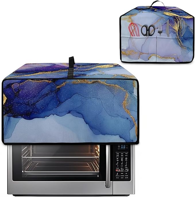 Marble Print Toaster Oven Dust Cover, Heavy Duty Heat-Resistant Cover for Kitchen Counter Small Appliances, with Accessory Pockets, Blue Violet Gold, (Small-14.5*18.46*9 inches)