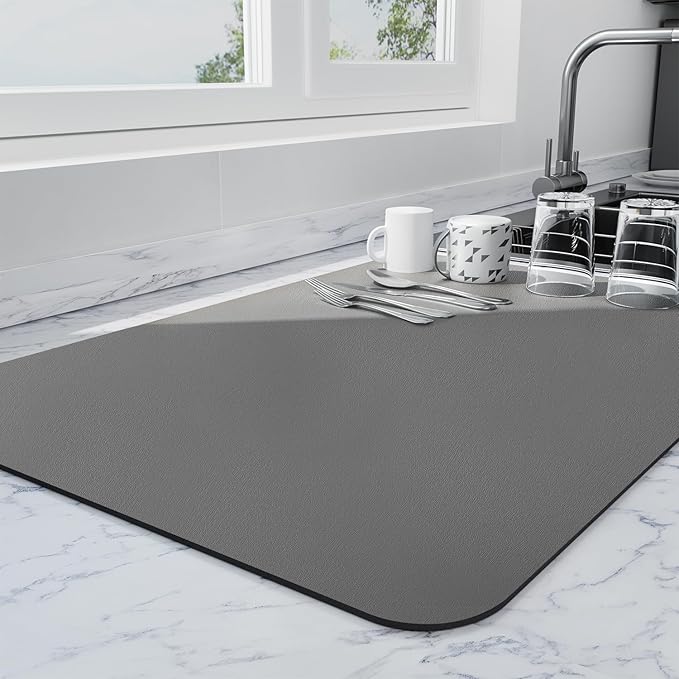 Ecotrim - Dish Drying Mat for Kitchen Counter | Coffee Bar Mat for Countertops | Heat Resistant Drainer Mat with Non-slip Rubber Backed | Hide Stain Kitchen Absorbent Draining Mat | Dark Grey 16"x20"