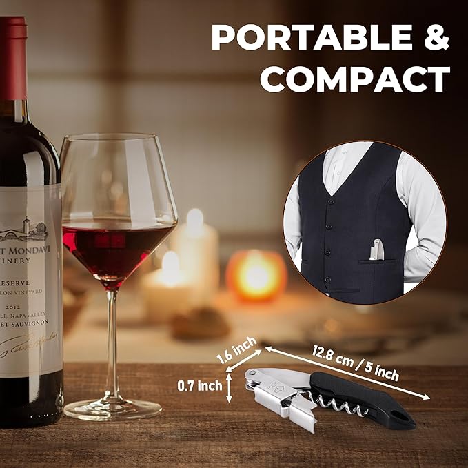 Wine Key - Heavy Duty Waiter Corkscrew, Premium 420 Stainless Steel Compact Wine Opener with Double Hinged, Foil Cutter and Bottle Opener, Gifts for Servers, Sommelier, Bartenders - Black