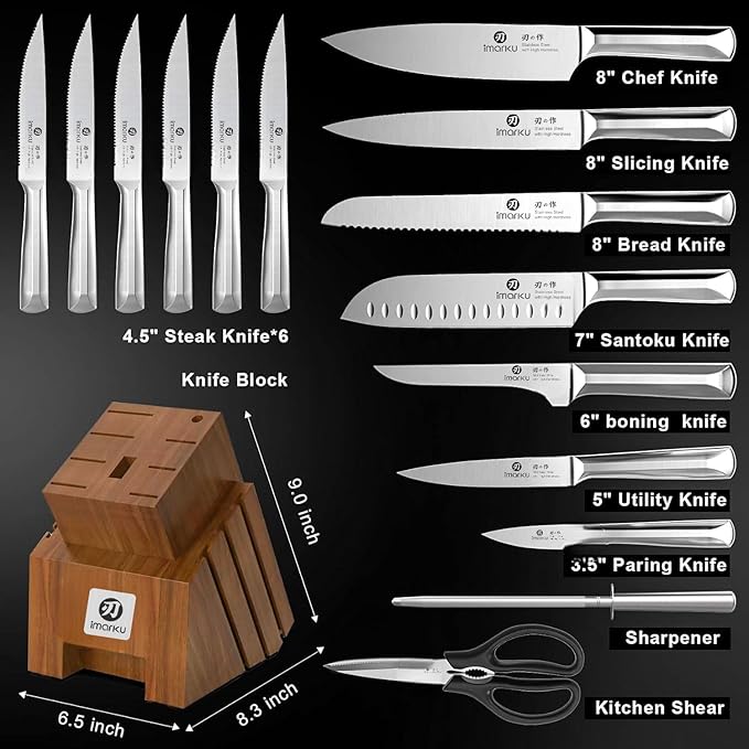 imarku Knife Set, 16PCS High Carbon Stainless Steel Kitchen Knife Set with Block Ultra Sharp Knife Block Set, Japanese Knife Set with Dotted Non-slip Ergonomic Handle, Best Gifts