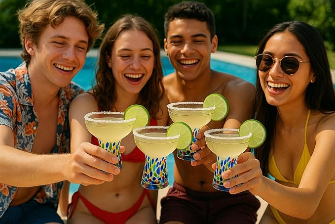 Large Stemless Margarita Glasses – Set of 2-14oz Luxury Hand Blown Confetti Margaritas, Martini, Cocktails, Water, Wine, Dessert & Champagne Glasses Cinco de Mayo, Hand Blown - Mexican Confetti Glass