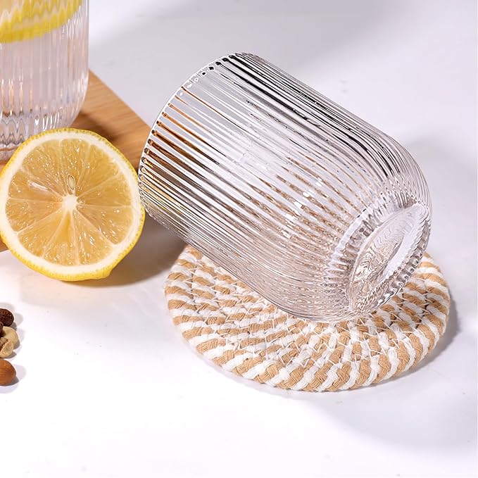 Set of 8 Ribbed Glassware,4 Highball Glasses 14oz & 4 Rocks Drinking Glasses 9oz, Clear, Origami Style, Fluted Design, for Milk, Water, Cocktail, Juice, Beer, ToothBrush Cup, Gift