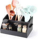 Innovation Kitchen Utensil Holder for Countertop with 4 Compartments, Wood Utensil Organizer for Cooking Tools, Black (Utensil Not Included)