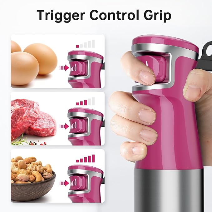 Turelar Immersion Blender Handheld Corded Hand Blenders Set 1100W, Trigger Variable Speed 5 in 1 Stick Emulsifier with Chopper, Whisk and Frother for Soup, Baby Food and Smoothies, Rose Red