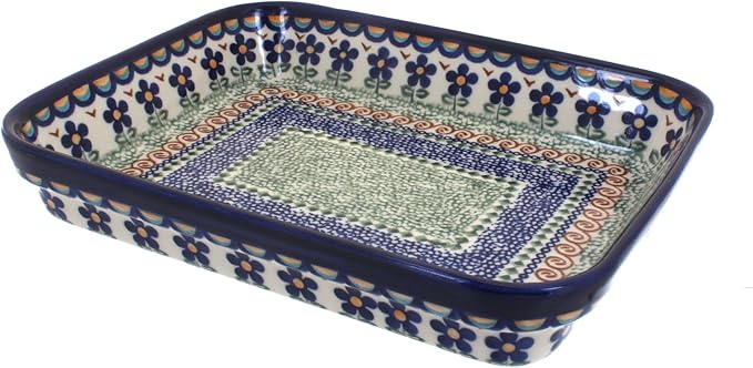 Blue Rose Polish Pottery - Brown Aztec Flower Small Rectangular Baker - 10.25" x 8" - Unique, Dishwasher Safe, & Durable Bakeware