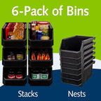 Plastic Containers for Organizing and Storage Bins for Closet, Kitchen, Office, Garage or Pantry Organization, Stackable Bins, Large (14.8" x 8" x 7"), 6-Pack, Black