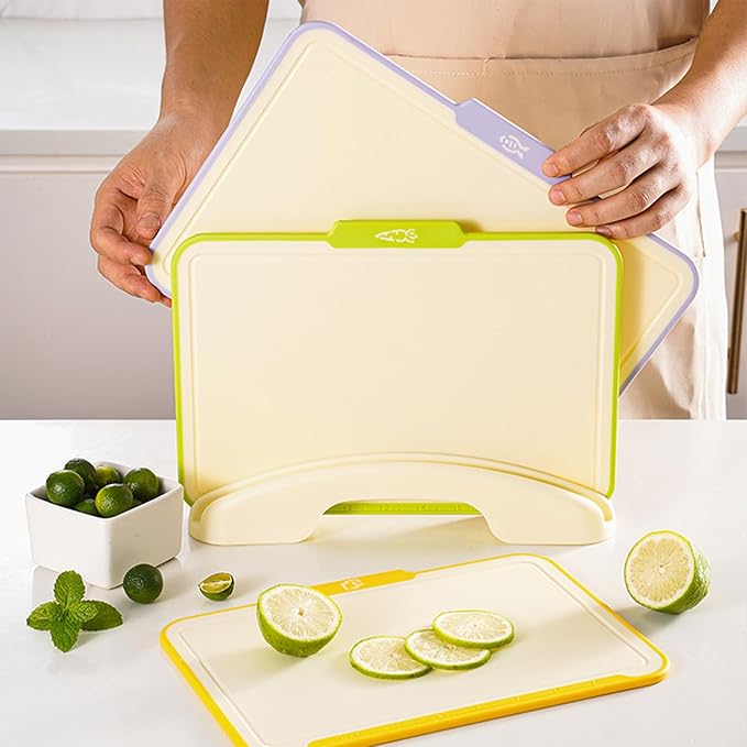 Cutting Boards for Kitchen, Plastic Cutting Board Set of 3,Colorful Chopping Boards With Storage Stand,Food Icon,Non-Slip, Meat Cutting Board For Kitchen,Dishwasher Safe （13.3"X 9.8" X 2.3" ）
