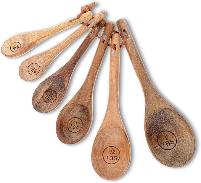 6pcs Wooden Measuring Spoons and Scoops Set Natural Acacia Wooden Measuring Spoons Measurings Tablespoons for Measurings Dry Ingredients(1/8 tsp+1/4 tsp+1/2 tsp+1 tsp+1/2 tbsp+1 tbsp)