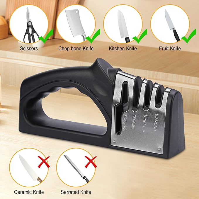 4-in-1Manual Knife Sharpener Suitable for kitchen knives, fruit knives, steel knives, scissors, and 3-level precision sharpening.Non slip base, suitable for home use (black) (2)