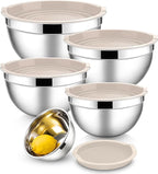 E-far Mixing Bowls With Lids Sets of 5, 10-Piece Stainless Steel Salad Metal Nesting Bowl for Baking Cooking and Prepping, Airtight Lid & Stackable Design, Size 4.6, 3, 2.1, 1.5, 0.7 QT, Khaki