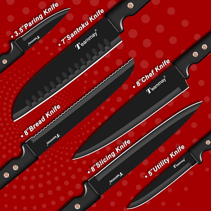 12-Piece Kitchen Knife Set, Stainless Steel Knives with Non-Stick Coating, Dishwasher Safe, Black Knife Set with Rose Gold Rivets 6 Blade Guards, Perfect for Home Chefs Cooking Enthusiasts