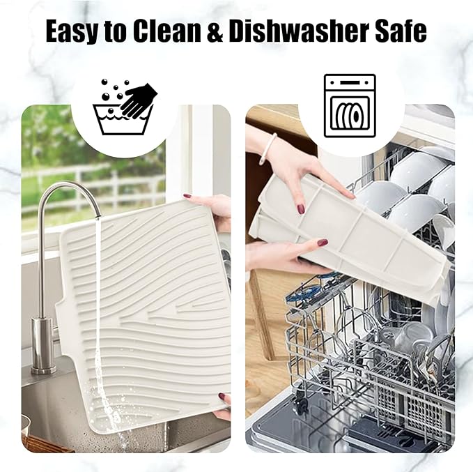 TIKNIK Silicone Dish Drying Mat, Stone Drying Mat for Kitchen Counter with Built-In Drain, Non-Slip Drain Pad with Built-in Drain, Heat Resistant Stone Drying Mat, Hangable, Cream-2pcs, 20" x 15"