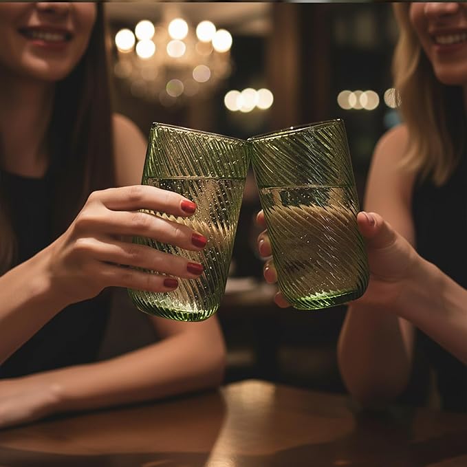 Set of 8 Ribbed Glassware,4 Highball Glasses 14oz & 4 Rocks Drinking Glasses 9oz, Origami Style, Fluted Design, for Milk, Water, Cocktail, Juice, Beer, ToothBrush Cup, Gif (Leaning Green)