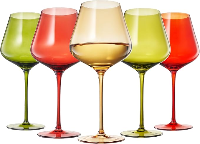 Khen Festive & Holiday Colored Wine Glasses Set of 5 In Luxurious Gift Box – 20oz Stemmed Goblets, Thanksgiving Dinner, Entertaining – Wedding Red, Green & Gold Glassware for Party Celebrations