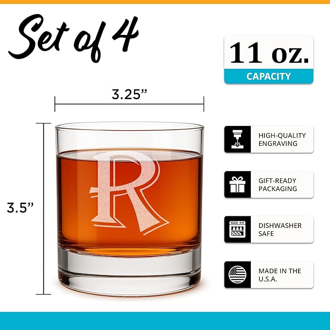 On The Rox (R-Monogram)- 4 Piece Set of 11 Ounce Engraved Heavy Base Rocks Glasses Elegant Glass-Multi-Purpose Beverage-Rocks Glass- Gift for any Occasion Drinks