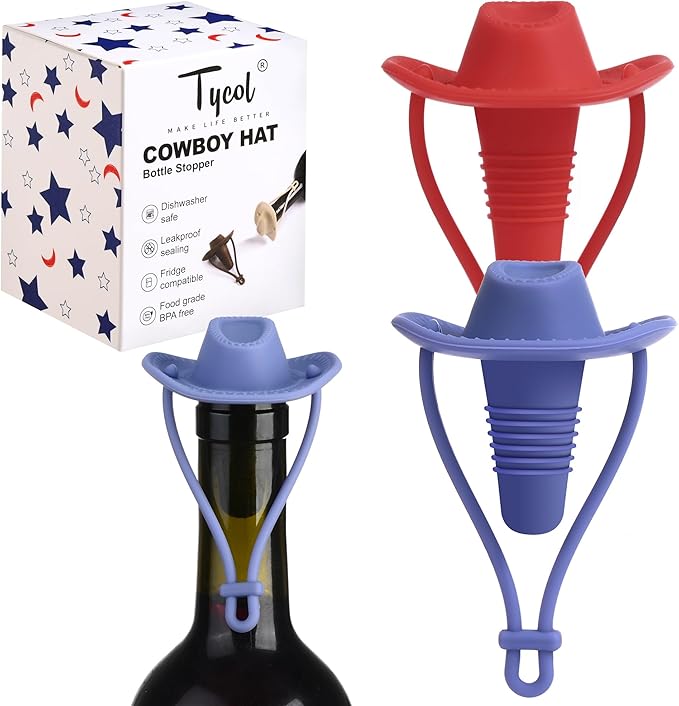 Silicone Wine Stopper Cute Wine Accessories Reusable Sealing plug Fun Cowboy Hat bottle Seals keep wine fresh Gifts for Wine Collector replacement Corks (Blue+Red)