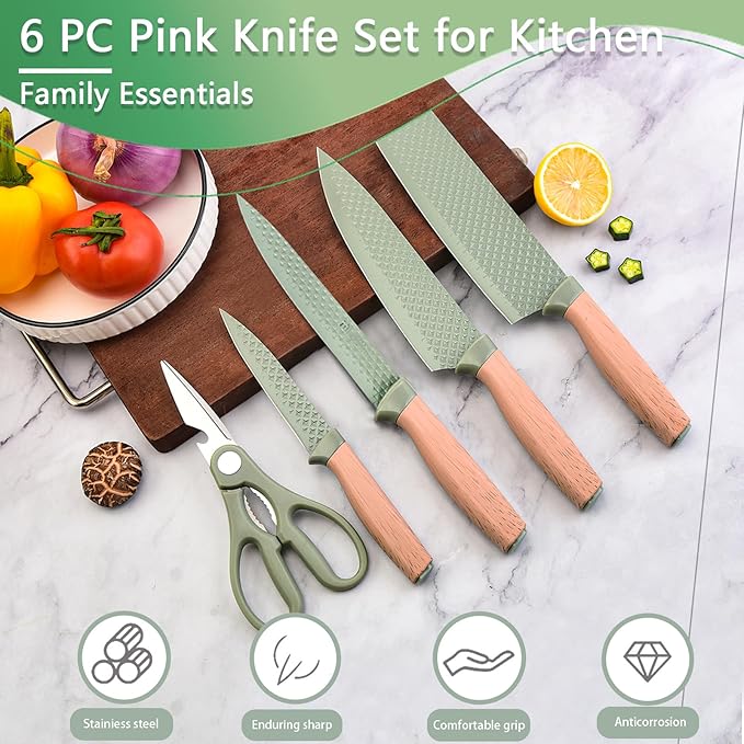 Green Knife Set, 6 Pieces Professional Kitchen Knife Set with Universal Knife Block, Super Sharp Knife Set with Ergonomic Handle Non-stick Stainless Steel Knife Block Set (Green)