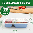 Dealusy 50 Pack (100-Piece) 28 oz Meal Prep Containers Reusable with Lids 2-Compartment, Sturdy Leakproof Food Safe, Microwave Freezer Dishwasher Safe, To Go Take Out Plastic Food Storage, Blue
