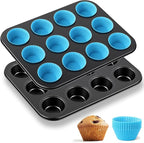 2 Set 12-cup Non Stick Carbon Steel Muffin Pan for Baking with 24 Reusable Silicone Liners, Non Toxic Cupcake Pan Muffin Tin for Easter Wedding Brownies Egg Bite, Easy to Pop(Blue)