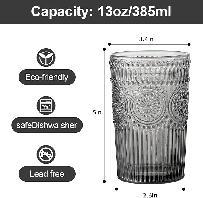 ZMOWIPDL Vintage Glassware Drinking Glasses Set of 6,13 oz Grey Textured Flower Design Glass Water Tumblers，Embossed Striped Drinkware for Water,Cocktails,Juice,Iced Coffee